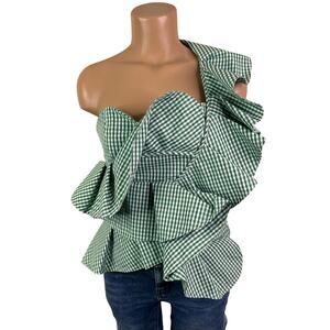 LUXE by STYLEKEEPERS Womens Size M One Shoulder green Gingham Top